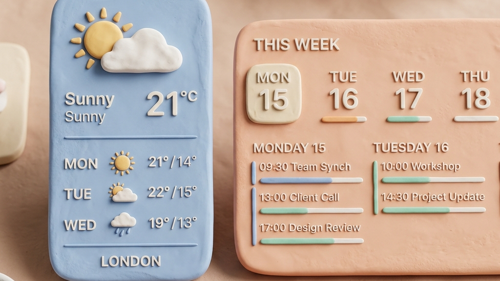 A minimalist 3D clay-render of clean dynamic widgets showing weather and calendar schedules, soft pastel tones