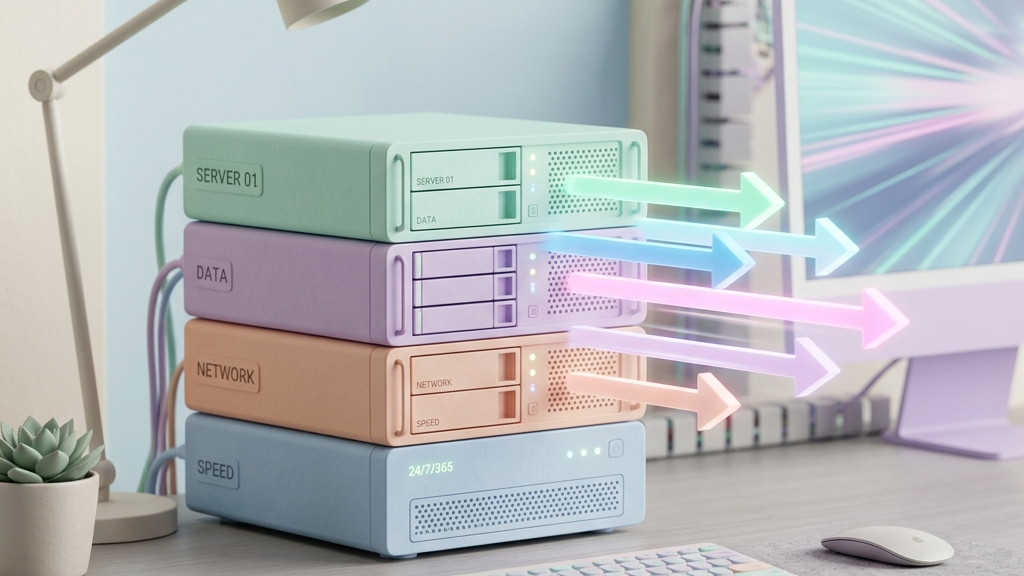A 3D render of server boxes with fast speed arrows in pastel colors, studio lighting, premium tech product shot, elegant clean desk layout, minimalist 3D clay-render style, pastel accents