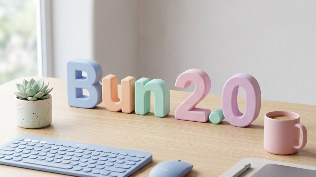A 3D typographic render of the text "Bun 2.0" in pastel colors, studio lighting, premium tech product shot, elegant clean desk layout, minimalist 3D clay-render style, pastel accents