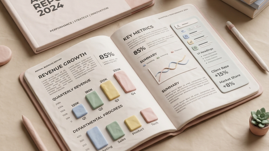 A minimalist 3D clay-render illustrating a finished business report document with bar charts, soft pastel accents, clean UI elements