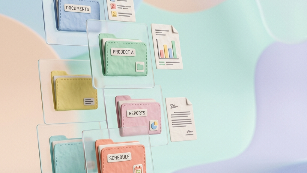 A minimalist 3D clay-render of colorful folders and document templates floating on glass cards, soft pastel color palette, gentle lighting