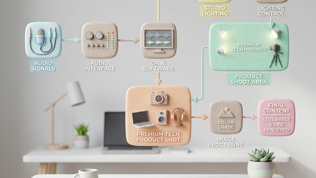 A 3D node flowchart connecting audio signals, studio lighting, premium tech product shot, elegant clean desk layout, minimalist 3D clay-render style, pastel accents