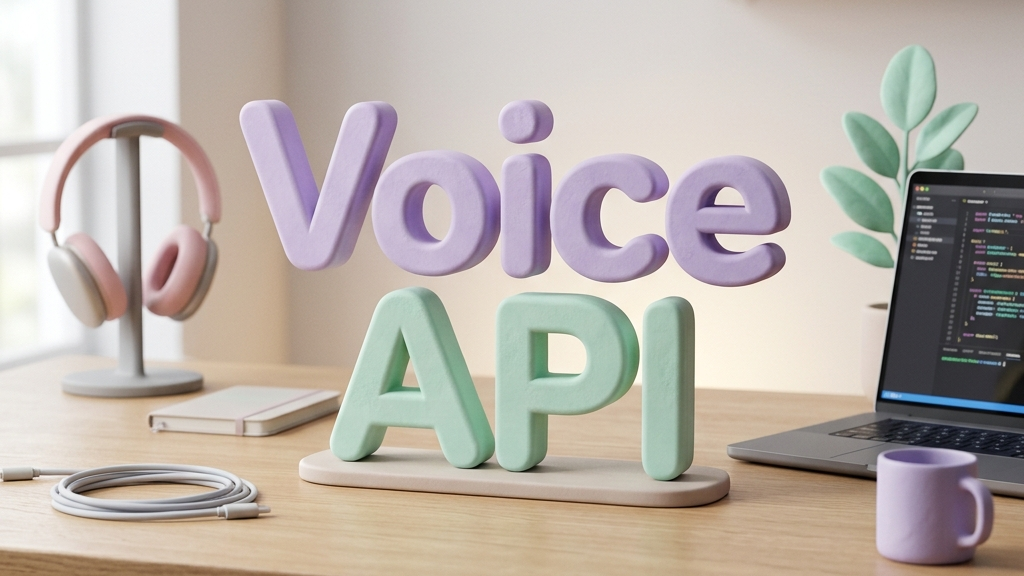 A 3D typographic render of the text "Voice API" in pastel colors, studio lighting, premium tech product shot, elegant clean desk layout, minimalist 3D clay-render style, pastel accents