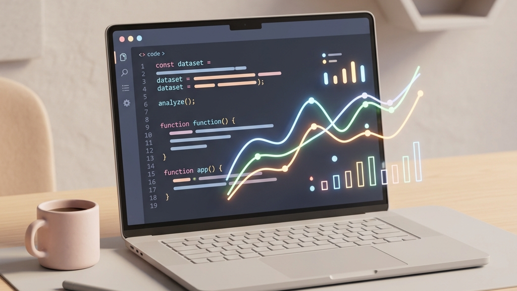 A laptop showing a clean code editor window with glowing visual graphs, studio lighting, premium tech product shot, elegant clean desk layout, minimalist 3D clay-render style, pastel accents