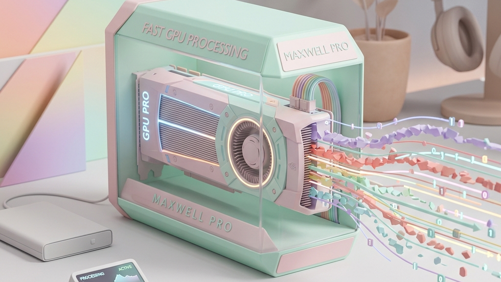 A conceptual visual of fast GPU processing with pastel colors, studio lighting, premium tech product shot, elegant clean desk layout, minimalist 3D clay-render style, pastel accents