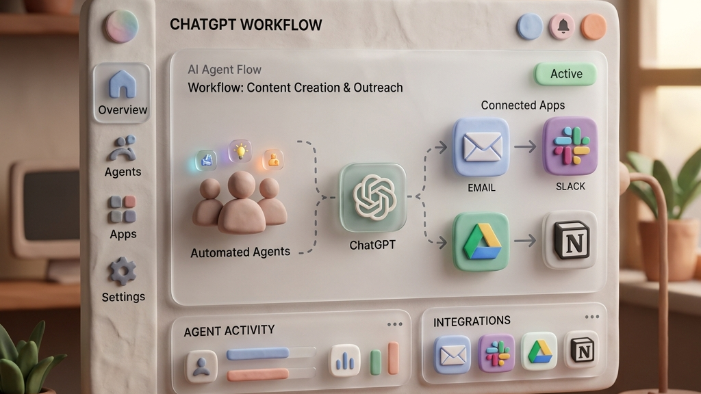 ChatGPT Work 출시! 챗지피티 업무 자동화 혁신과 실무 활용법 가이드 2 ChatGPT Work interface showing automated AI agents and connected app icons like Slack and Hubspot