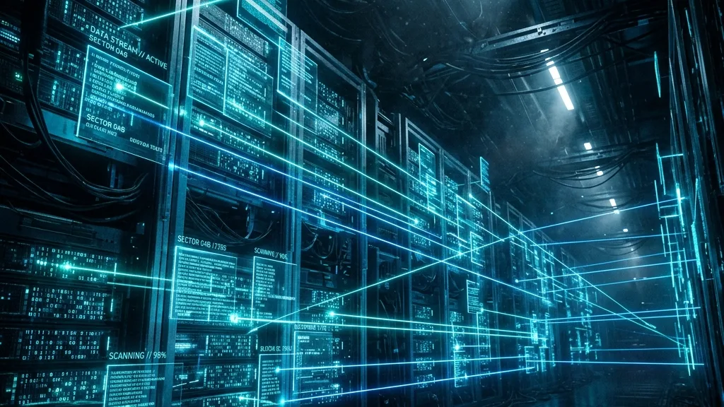생성형 검색엔진 인용 알고리즘 분석과 퍼플렉시티 구글 SGE 상위 노출 원리 2 Cinematic futuristic tech style showing laser beams scanning digital data blocks on server grid