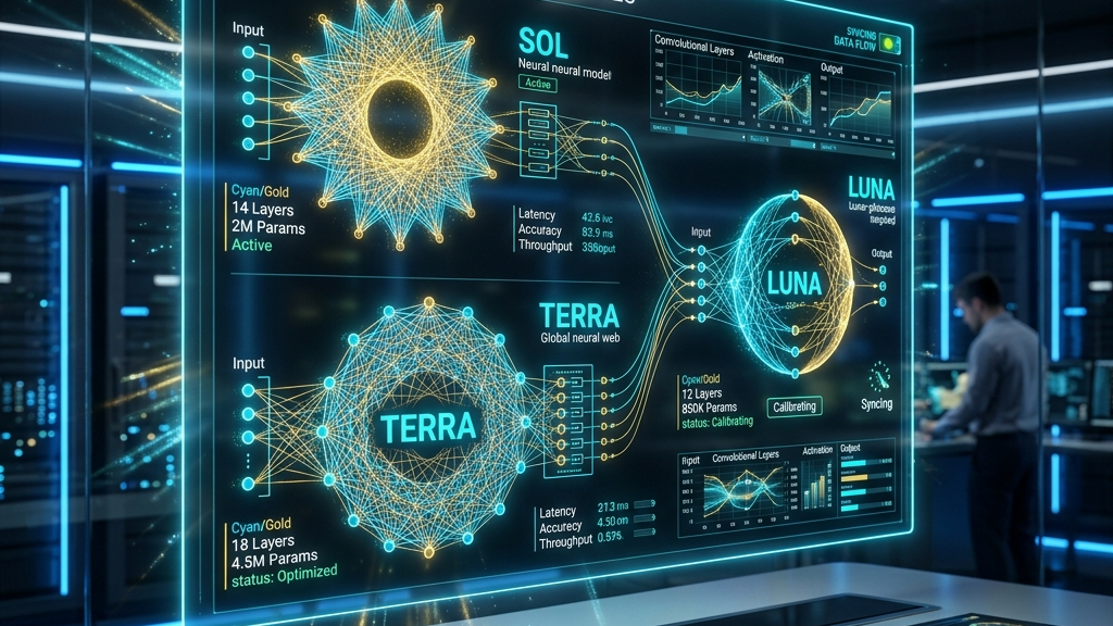 “생각하는 AI의 세대교체” OpenAI GPT-5.6 Sol·Terra·Luna 모델 스펙 테크니컬 쇼케이스 2 GPT5.6 main concept visual, 3d clay-render style, pastel accents