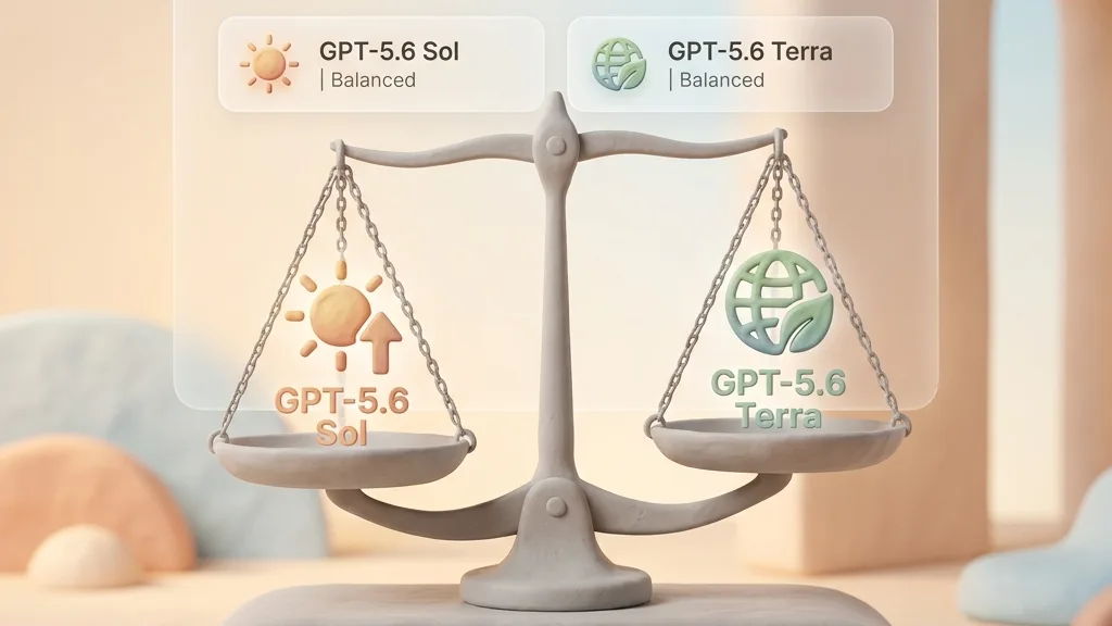 오픈AI GPT-5.6 Sol & Terra API 스펙 비교 및 실무 연동 가이드 2 Minimalist 3D clay-render showing two balance scales comparing GPT-5.6 Sol and Terra