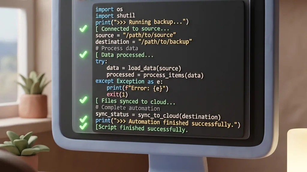Minimalist 3D clay-render showing python code automation script on clean screen with green checkmarks