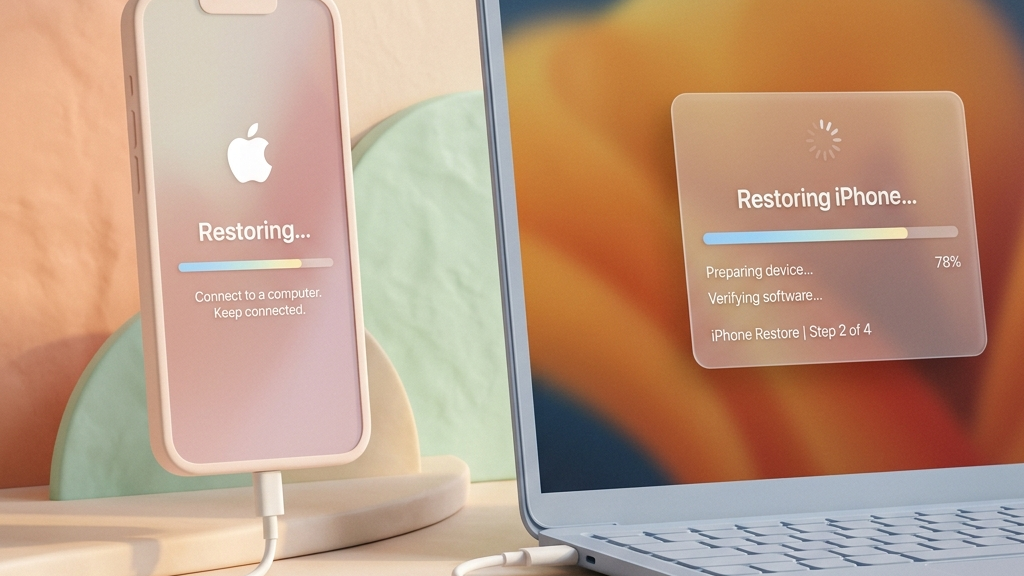 iPhone connected via cable to computer displaying restoration screen for system recovery