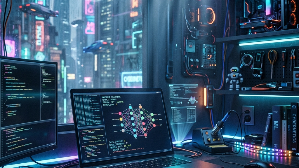 Cyberpunk workspace with laptop screen showing coding data streams and machine learning models