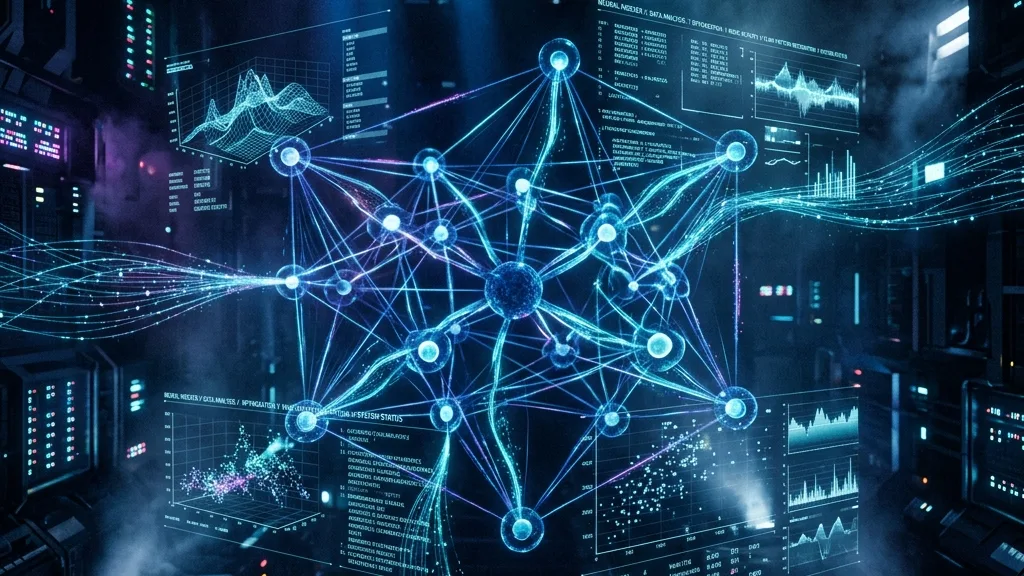 생성형 검색엔진 인용 알고리즘 분석과 퍼플렉시티 구글 SGE 상위 노출 원리 3 Cinematic futuristic tech style showing an abstract neural network indexer analyzing data graphs