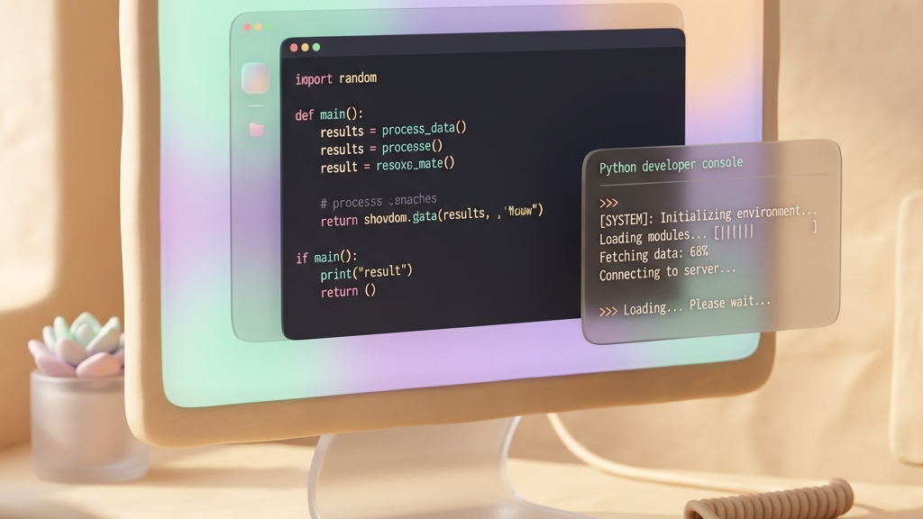 2편 | 구글 AI 스튜디오에서 제미나이 3.6 API 키 발급 및 파이썬 초간단 연동 가이드 3 Minimalist 3D clay-render of screen with code editor and developer console displaying python connection status