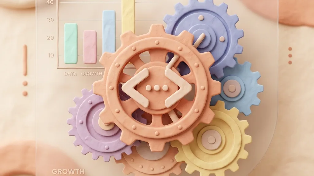 Minimalist 3D clay-render showing a gears dial with HTML tag brackets and statistical chart bar