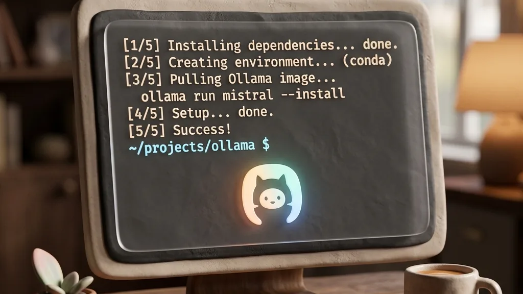 Minimalist 3D clay-render showing a terminal screen with python installer code