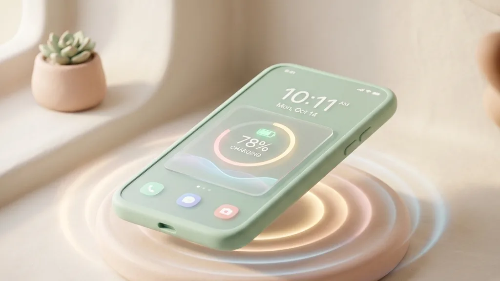 Minimalist 3D clay-render showing a smartphone wirelessly charging with glowing soft energy waves