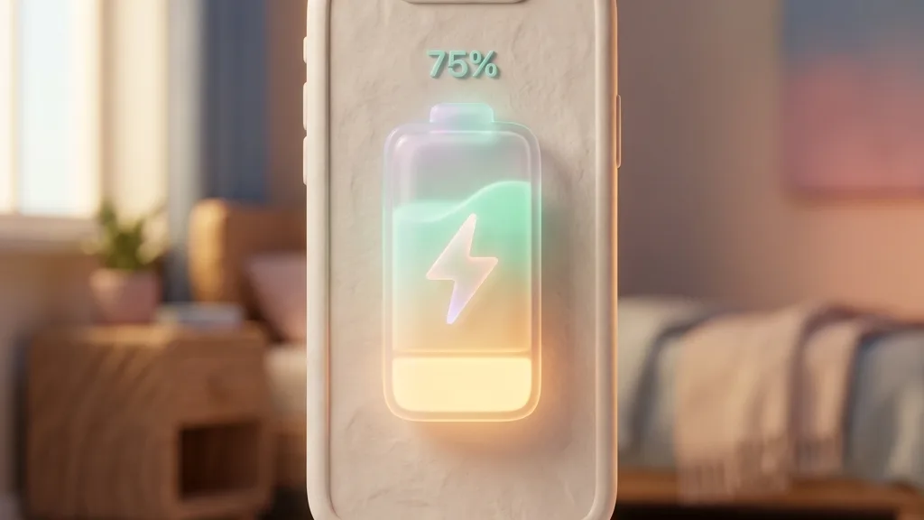Minimalist 3D clay-render showing a smartphone wirelessly charging with glowing soft energy waves
