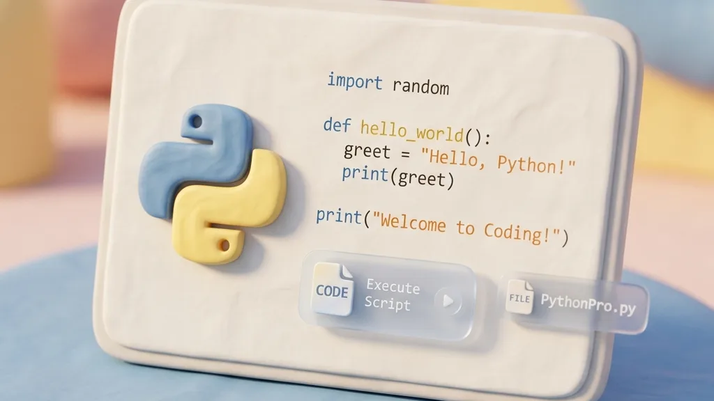 Minimalist 3D clay-render showing a python logo and code lines on a clean digital sheet