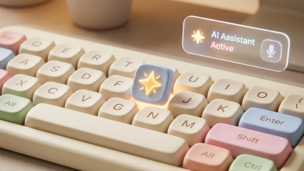 Minimalist 3D clay-render showing keyboard keys with a glowing AI star button