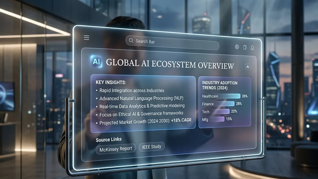 Volumetric lighting modern futuristic semi-realistic style showing an AI search engine answer block on a glassmorphism screen
