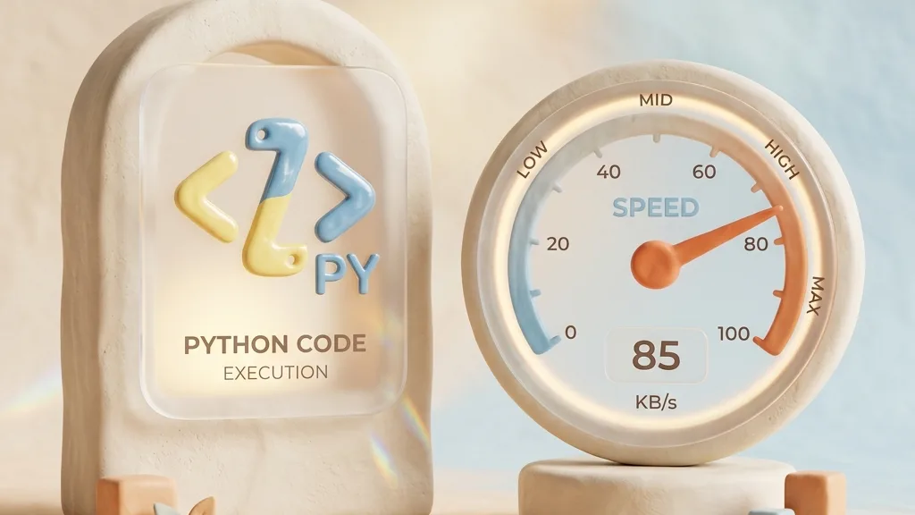 Minimalist 3D clay-render showing a python code symbol and a speed meter dial