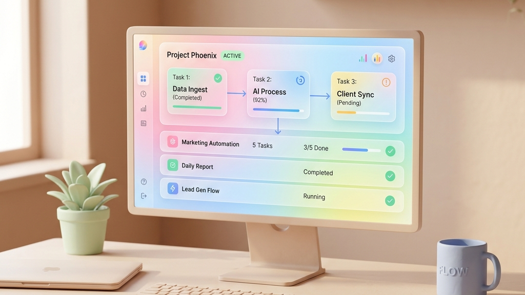 ChatGPT Work 출시! 챗지피티 업무 자동화 혁신과 실무 활용법 가이드 3 Clean office desk with a laptop displaying automated tasks completing successfully in ChatGPT Work