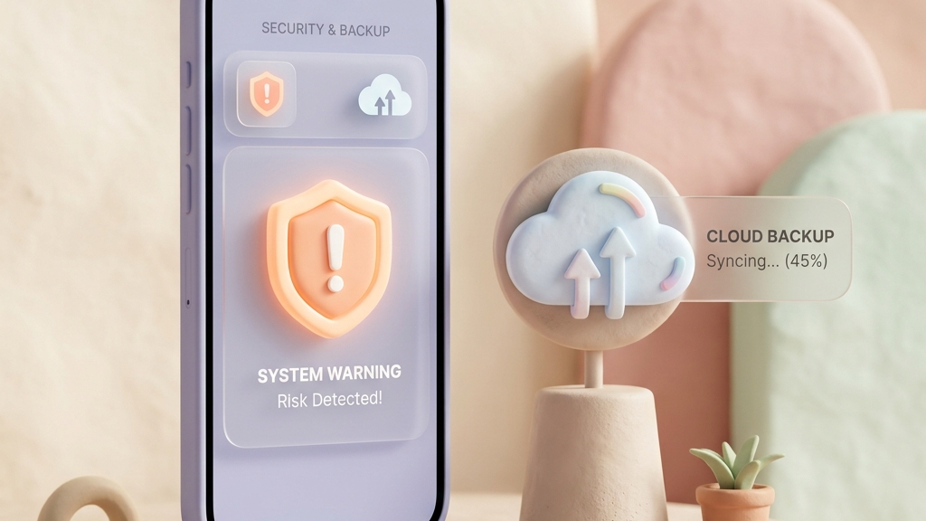 iPhone next to warning shield and cloud backup icons indicating precautions for iOS 27 install