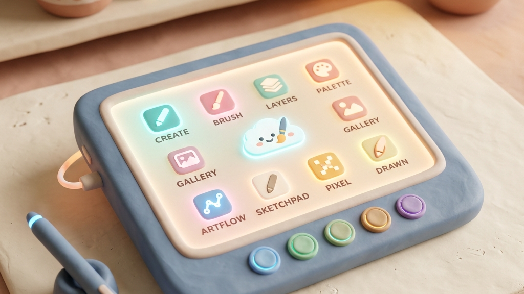 A professional drawing tablet displaying geometric logo vector design pathways