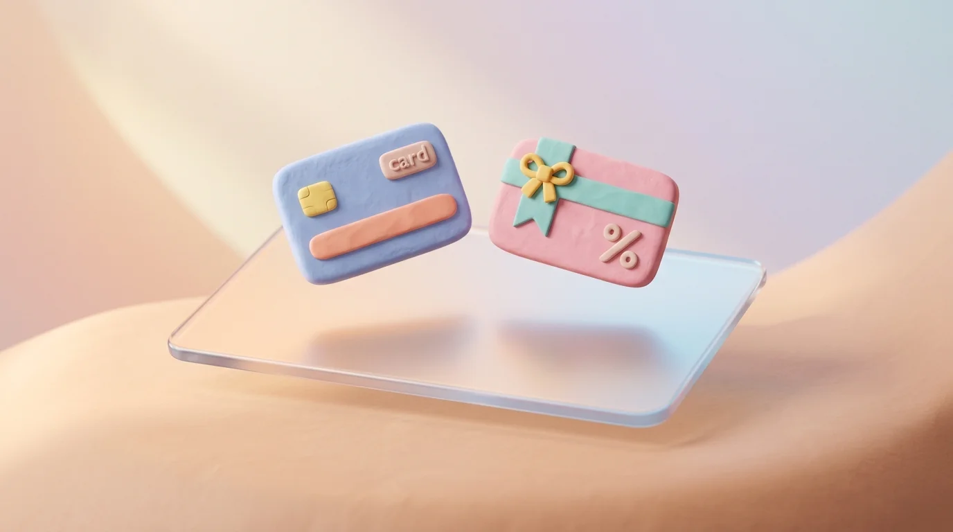 Minimalist 3D clay-render showing a credit card and discount gift card icons floating over a clean glass card