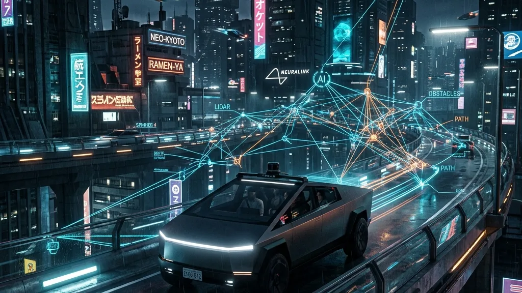 테슬라 FSD v15 완전자율주행 핵심 기술 변화 및 국내 배포 일정 루머 분석 2 Cinematic futuristic cyberpunk mobility style showing autonomous Tesla Cybercab