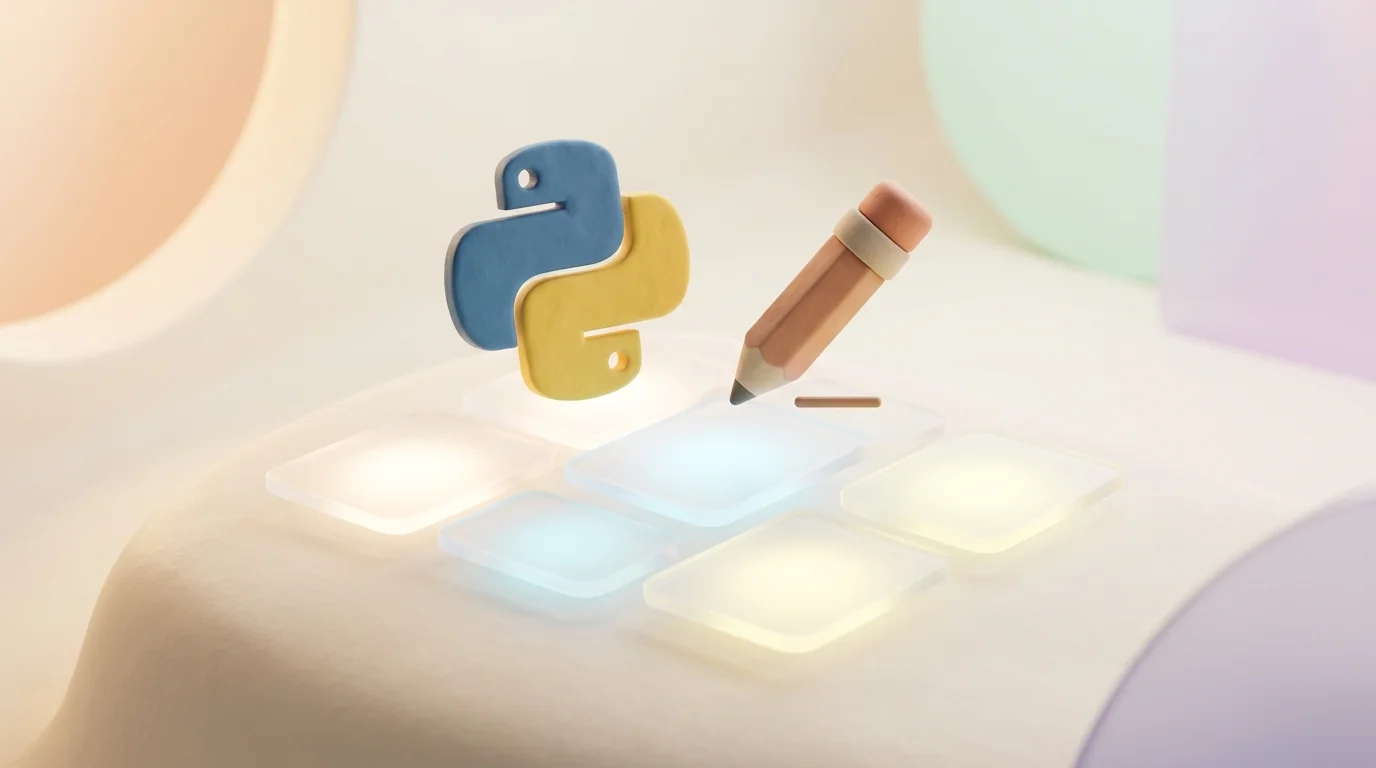 Minimalist 3D clay-render showing python logo and text editing pencil icon