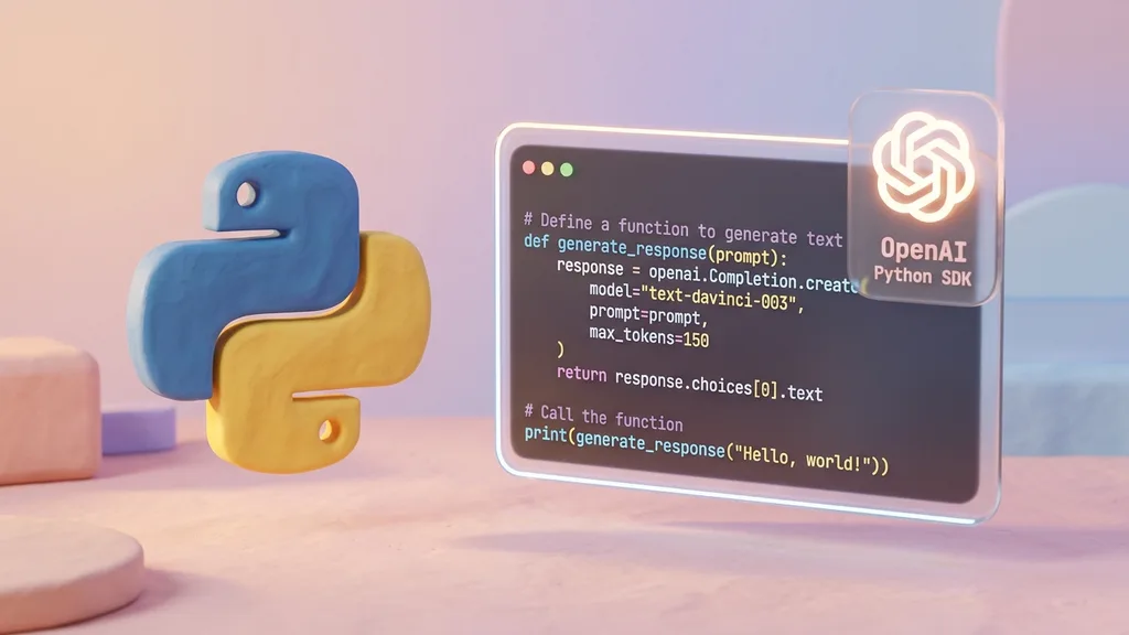 Minimalist 3D clay-render showing python logo and code snippet card with glowing OpenAI icon