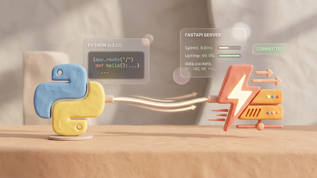 Minimalist 3D clay-render showing python logo connecting to a lightning fast web server icon
