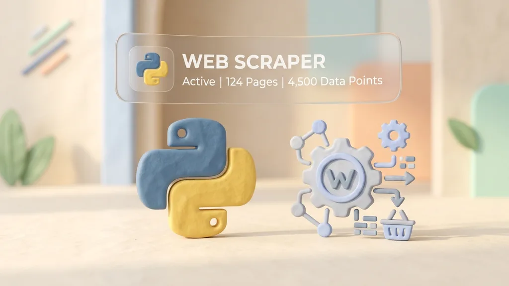 Minimalist 3D clay-render showing python logo and automated web scraping gear icon