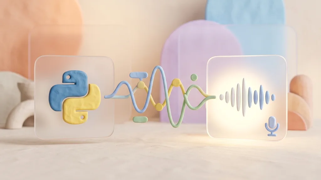 Minimalist 3D clay-render showing audio waves connecting to a python logo and sound waves card