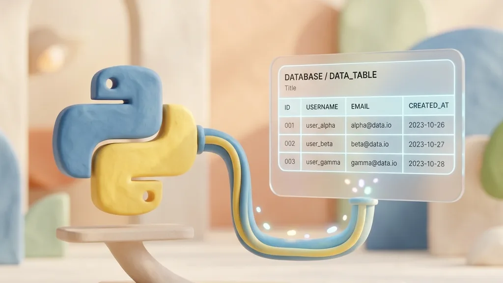Minimalist 3D clay-render showing python logo connecting to digital database