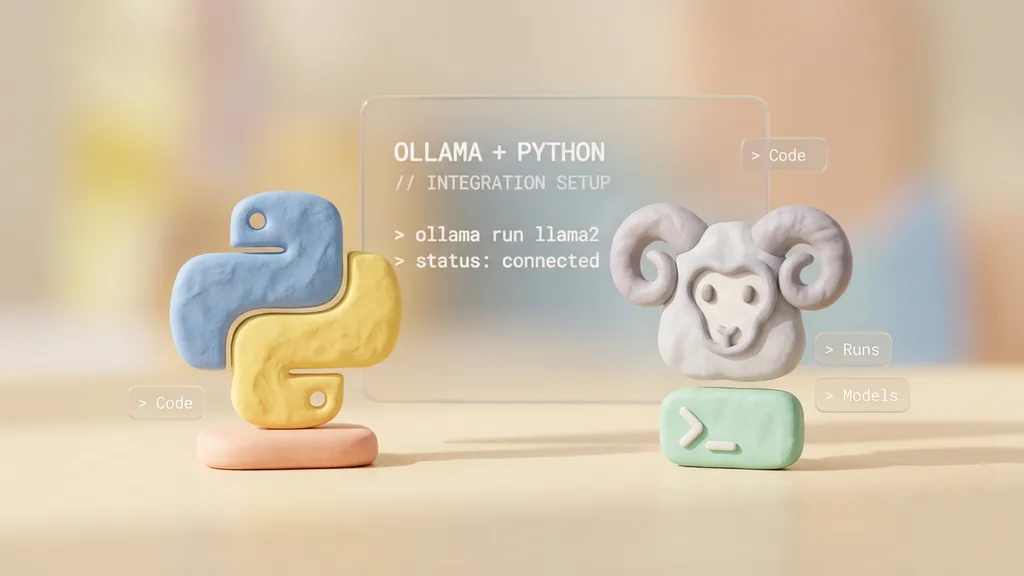 딥시크 R1(DeepSeek R1) 로컬 PC 설치 및 Ollama 파이썬 실무 연동 가이드 3 Minimalist 3D clay-render showing python logo and Ollama terminal icon