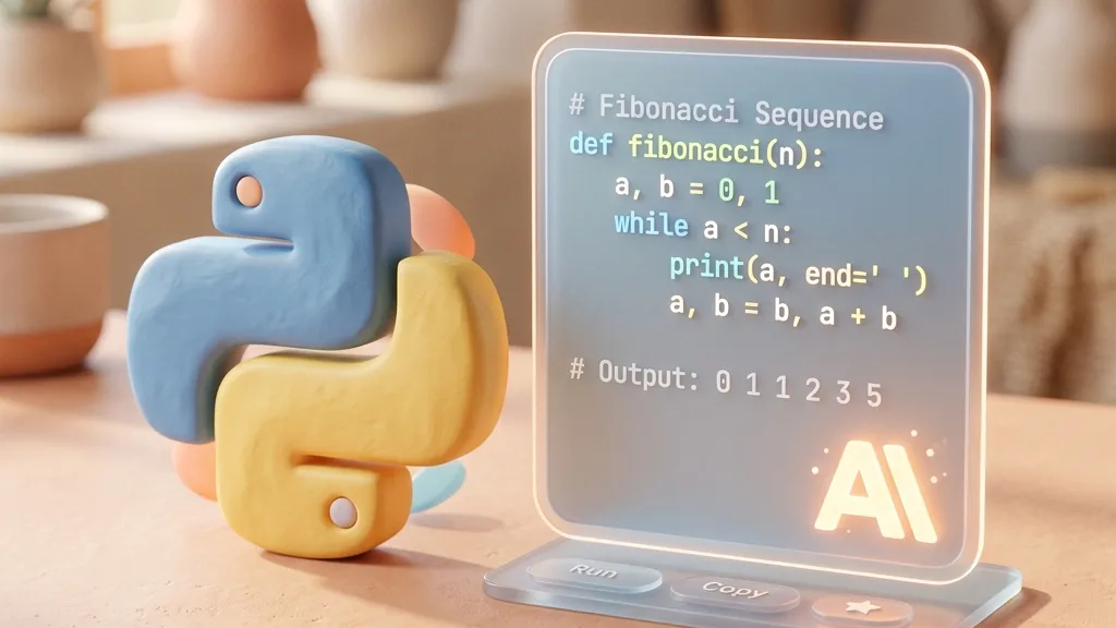 Minimalist 3D clay-render showing python logo and code snippet card