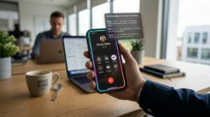 iOS 27 애플 인텔리전스 통화 녹음 요약 기능 한국어 활성화 및 지원 기종 팩트체크 11 사무실 책상 위에서 통화 중인 아이폰 화면 둘레에 무지개빛 애플 인텔리전스 테두리가 빛나며 실시간 통화 녹음 텍스트 요약 카드가 뜬 1인칭 POV 실사