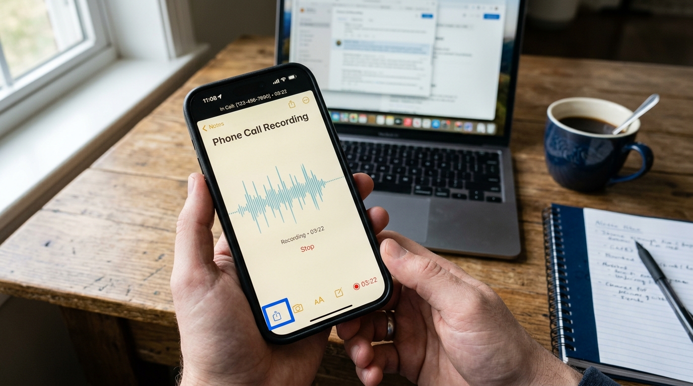 아이폰 화면에 음성 통화 녹음 파일의 공유 시트가 열려 카카오톡과 파일 앱 아이콘이 보이는 1인칭 POV 실사