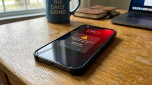 iOS 27 정식 업데이트 후회하시나요? 아이폰 배터리 광탈 해결 및 발열 잡는 필수 세팅 5가지 7 원목 책상 위에 놓인 아이폰 화면에 빨간색 배터리 부족 경고와 함께 기기 온도 상승 주의(Temperature Warning) 알림이 떠 있는 1인칭 실사