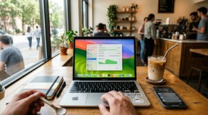 맥북 배터리 광탈 점검: 배터리 상태·저전력 모드·앱 사용량 4 따스한 카페 테이블 위 펼쳐진 맥북 프로 화면에 배터리 잔여 시간과 시스템 설정 UI가 떠 있는 1인칭 POV 실사
