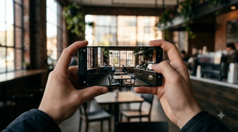 아이폰 카메라 화면에서 3x3 격자선과 수평계 및 48MP 고해상도 가이드를 확인하며 촬영하는 1인칭 실사 모습