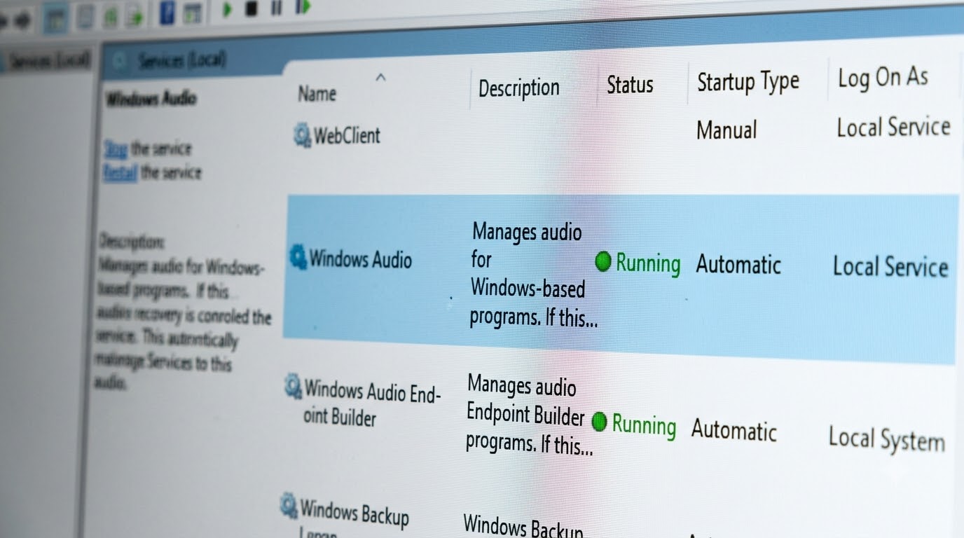 Windows 서비스 관리 콘솔 창에서 Windows Audio 서비스를 강제 재시작하는 모니터 화면 사진